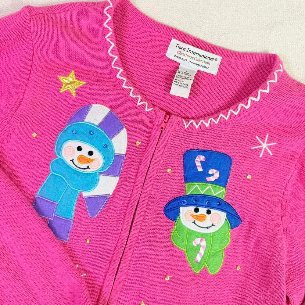 Vintage Christmas Sequin Embroidered Snowman Novelty Hot Pink Cardigan Women's L